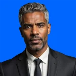 Business Leadership Coach, Reggie Fairchild, the Gordon Ramsey of career coaches, poses for a business profile photo. He has salt-and-pepper hair, a greying goatee, dark skin, a flat expression, dark suit and tie with a white shirt.